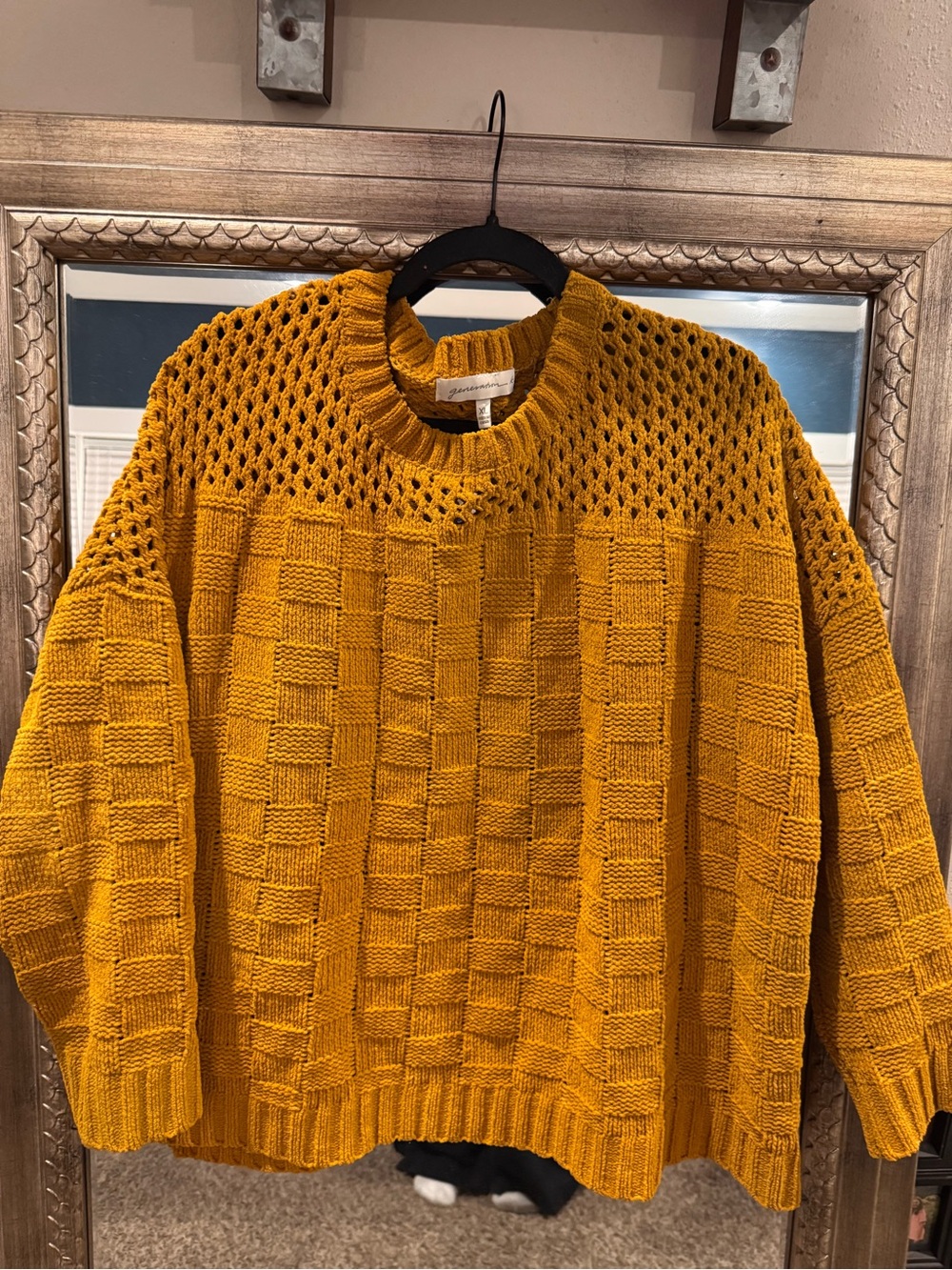 Open-Knit Yoke Crewneck Sweater in Mustard